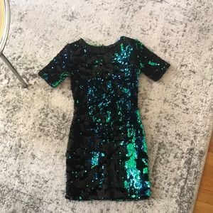 Topshop Black Sequin Mini Dress with Green/Blue Iridescent Accents